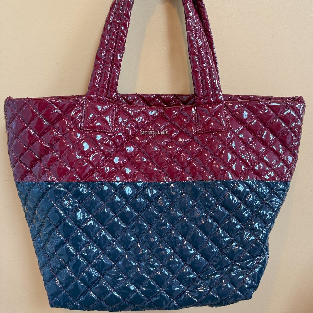 MZ WALLACE, LARGE BLUE AND RED QUILTED GLOSSY TOTE W/ RED HANDLES